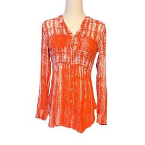 Maeve Anthropologie Calia Tunic.  Pleated Orange/White.  Long Sleeve.  Size 0